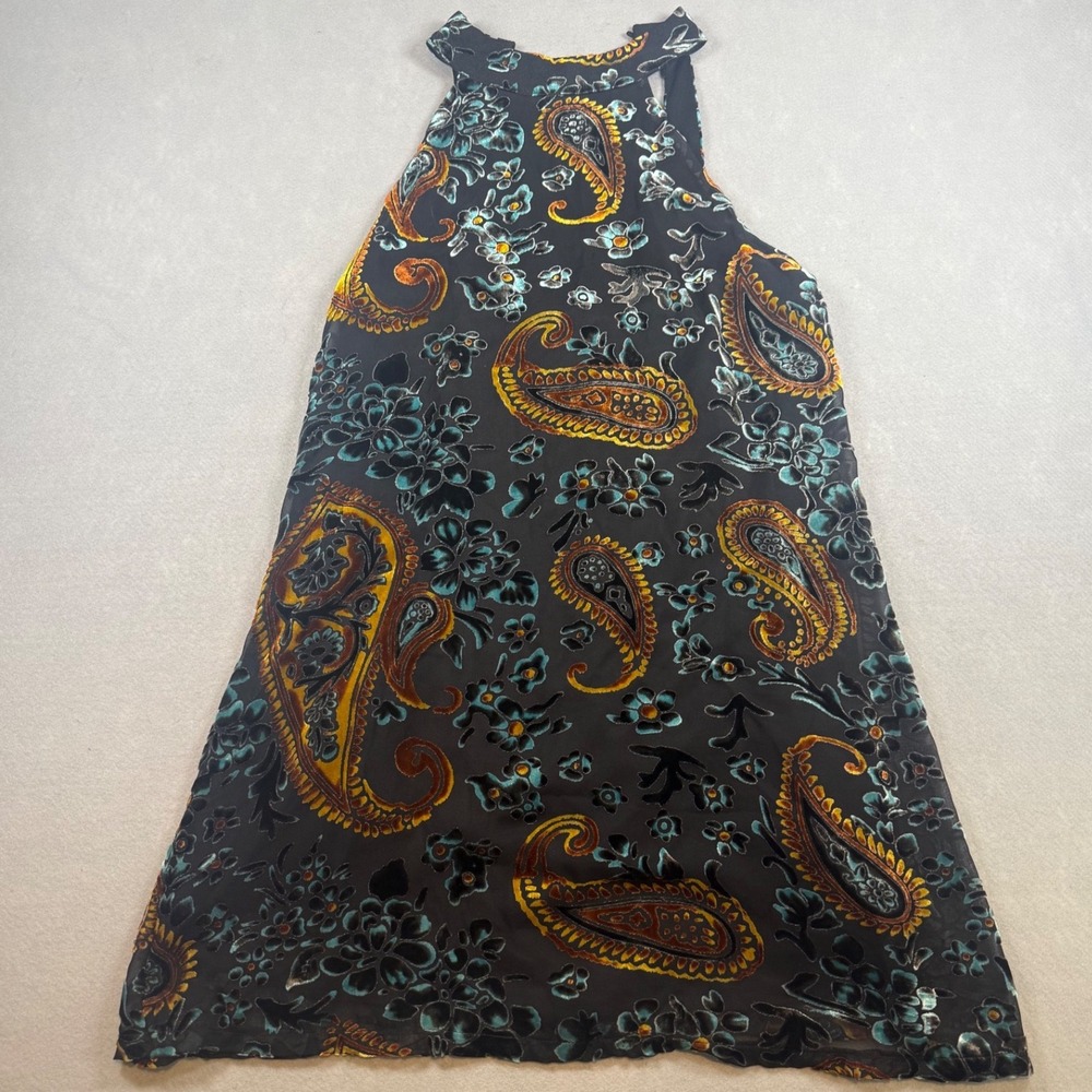 Ellison Womens Small Paisley Burnout Velvet Halter Mini Dress Black Floral Boho